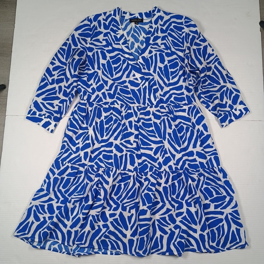 Rachel Zoe Blue White Animal Print Tiered Flowy V Neck 3/4 Sleeve Dress Medium